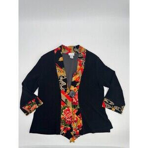 Soft Surroundings One Button Cardigan Sweater Women's Medium Black Floral Trim